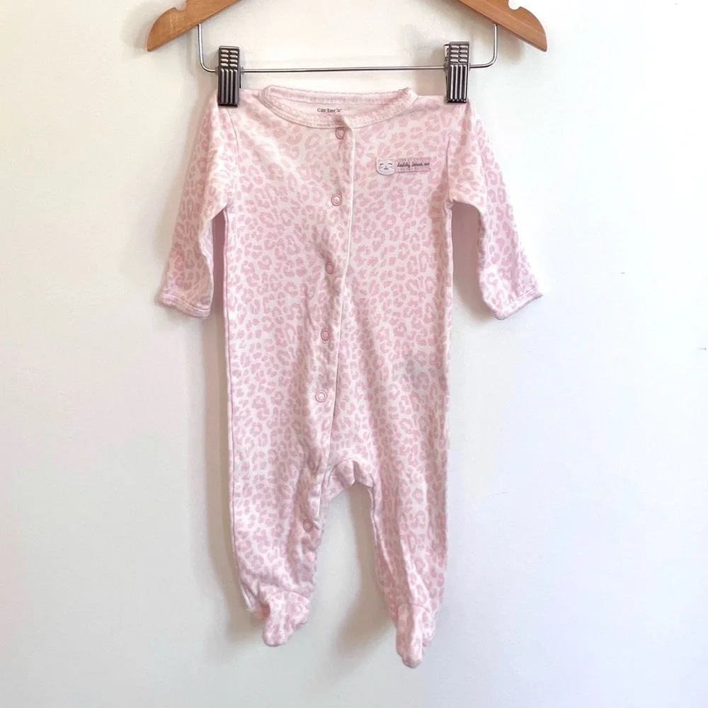 4/$20💥Pink Leopard Print 'Daddy Loves Me' Footie Sleeper, Snaps, Cat Badge - Picture 3 of 10